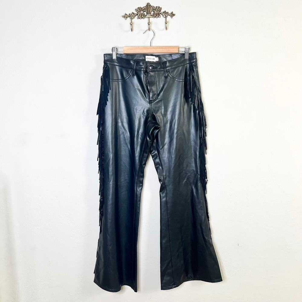 Cello Faux Leather Fringe Flare Pants Women Size 9 Black High Rise Western‎ New
